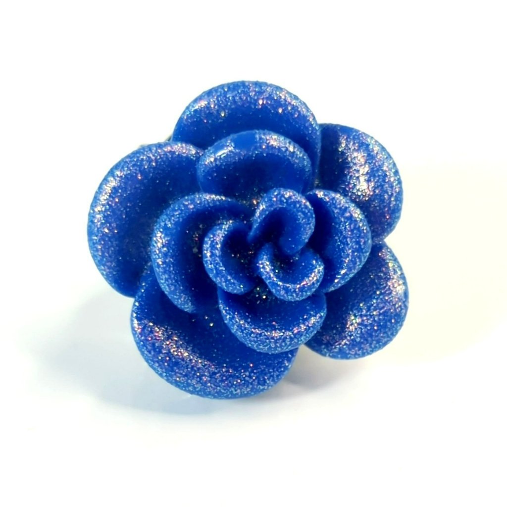 Vintage Vibrant Glittering Blue Rose Silver Tone Statement Ring Size 7